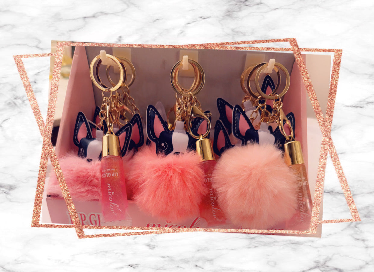 Frenchie Lipgloss Keychain Trio with Cute Cat Ears and Fluffy Pom Pom {1pc}